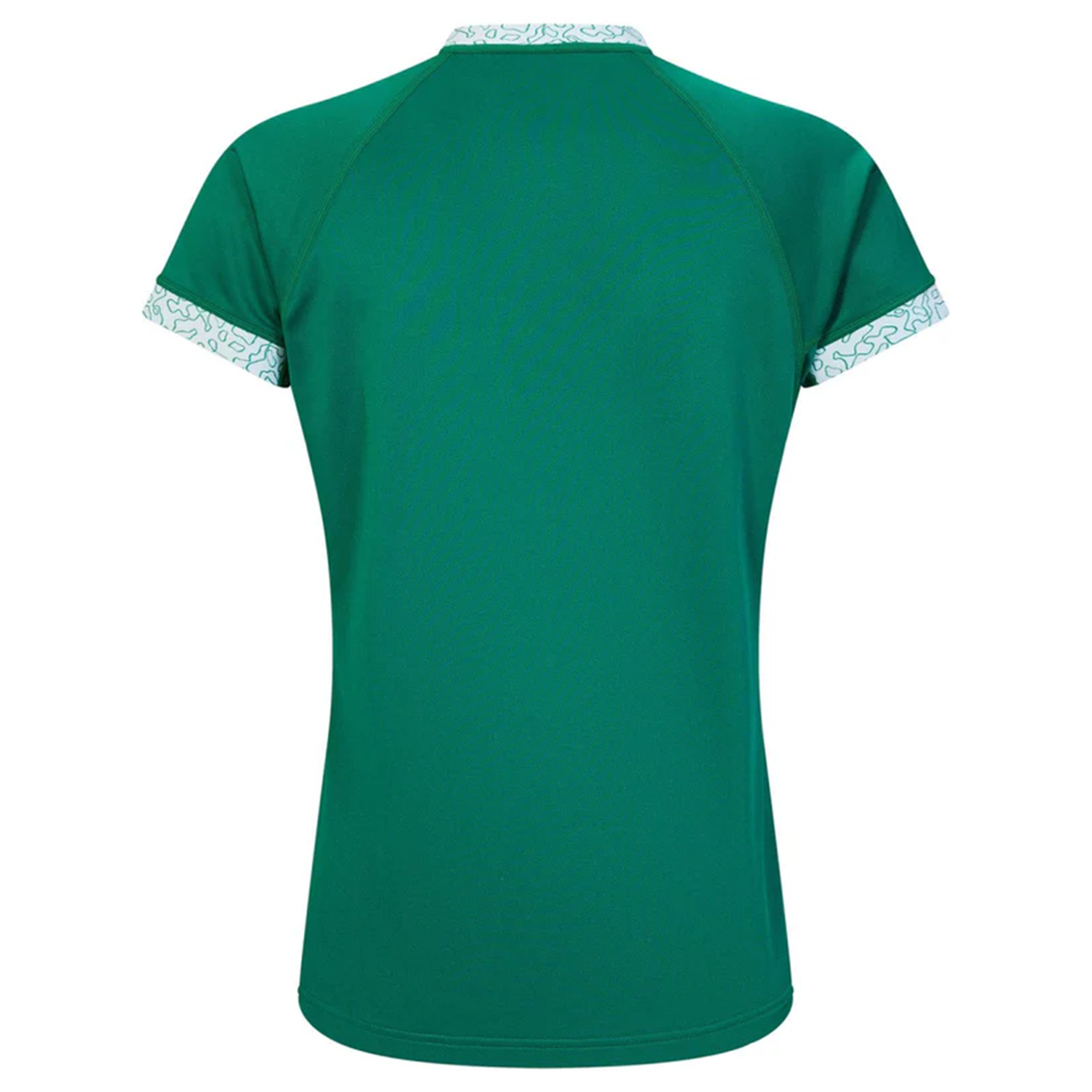 The Women&#39;s Ireland WRWC25 Replica Home Jersey by Canterbury is a green short-sleeve shirt with light patterned trim on the collar and sleeves, inspired by the Ireland Women&#39;s Rugby World Cup 2025 kit.