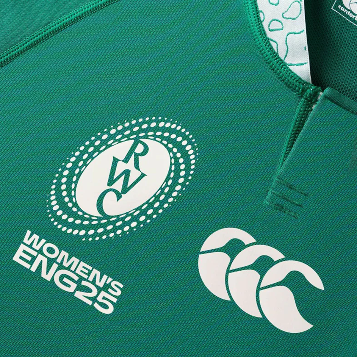 The Women&#39;s Ireland WRWC25 Replica Home Jersey by Canterbury features the Rugby World Cup Women&#39;s ENG25 logo and Canterbury branding—a perfect replica for fans.