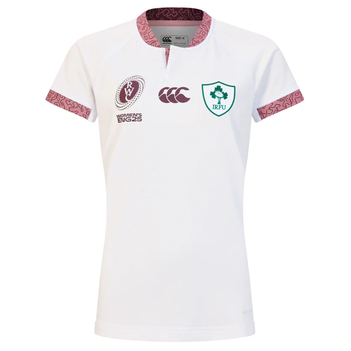 The Women&#39;s Ireland WRWC25 Replica Alternate Jersey by Canterbury features a white short-sleeve design with maroon collar and cuffs, plus IRFU and Women&#39;s Rugby World Cup logos—ideal for Ireland fans supporting WRWC 2025.