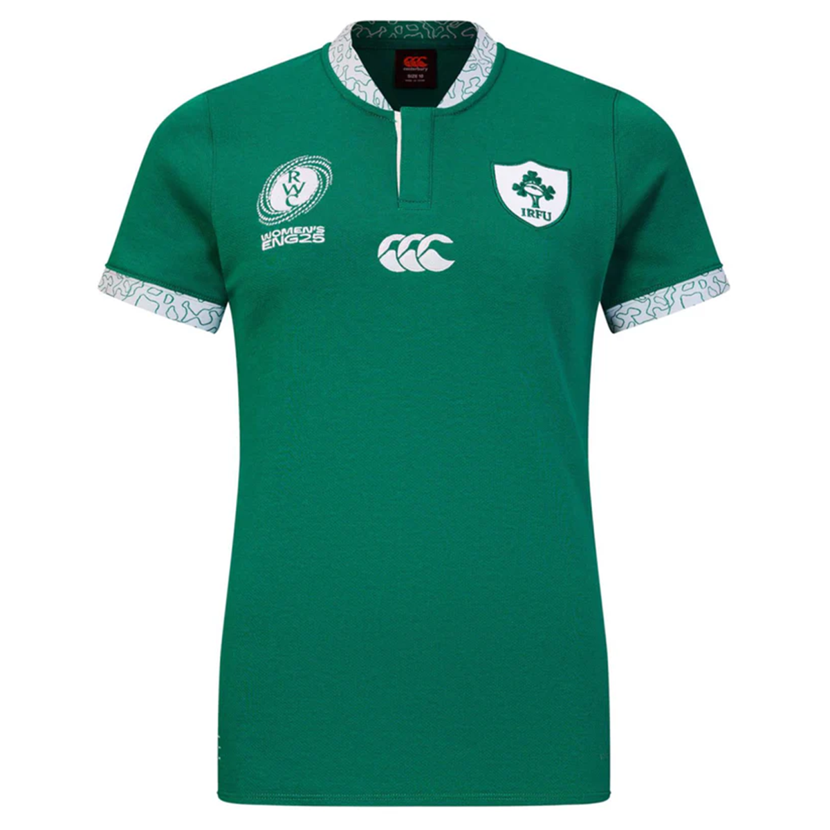 Show your support at Rugby World Cup 2025 in the Women&#39;s Ireland WRWC25 Classic Jersey by Canterbury, featuring green short sleeves, white accents, and Ireland and sponsor logos on the chest with patterned trim.