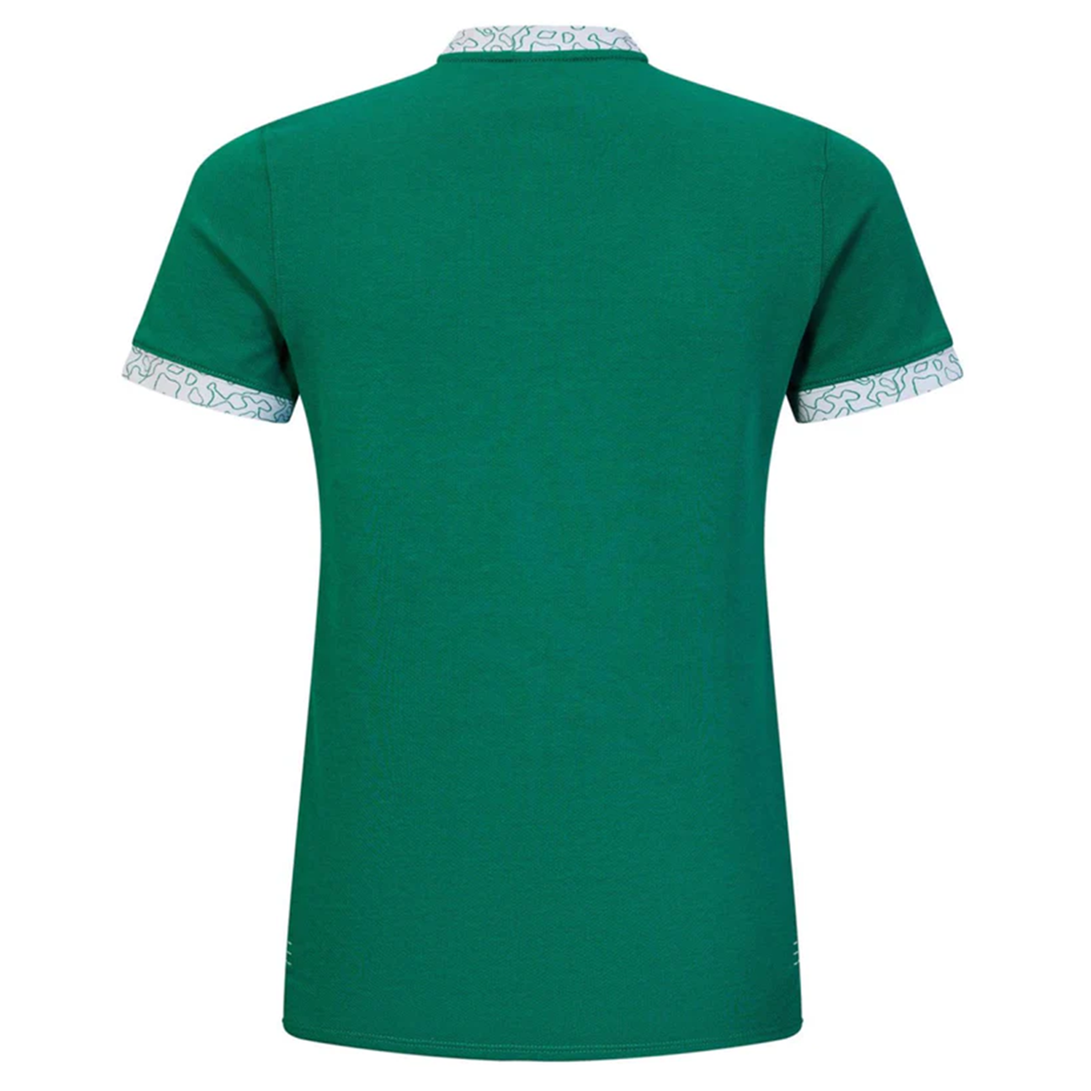 Back view of the Women&#39;s Ireland WRWC25 Classic Jersey by Canterbury, a short-sleeve green polo shirt with patterned trim on the collar and sleeves, inspired by the Rugby World Cup 2025.