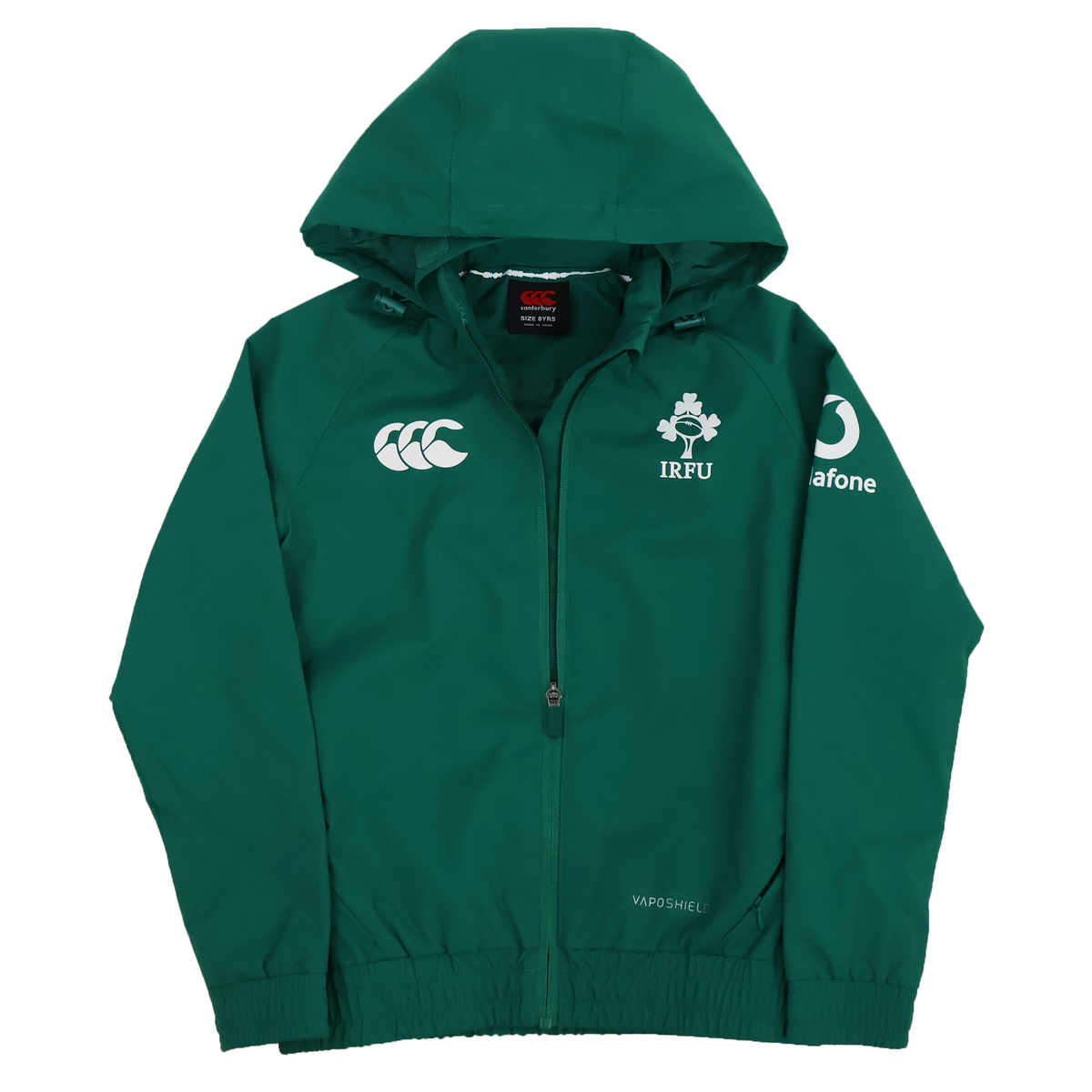 The Youth Ireland 25/26 Anthem Track Jacket by Canterbury is a green, fully-zipped jacket with Vodafone logos on the front and sleeve, designed for young rugby fans.