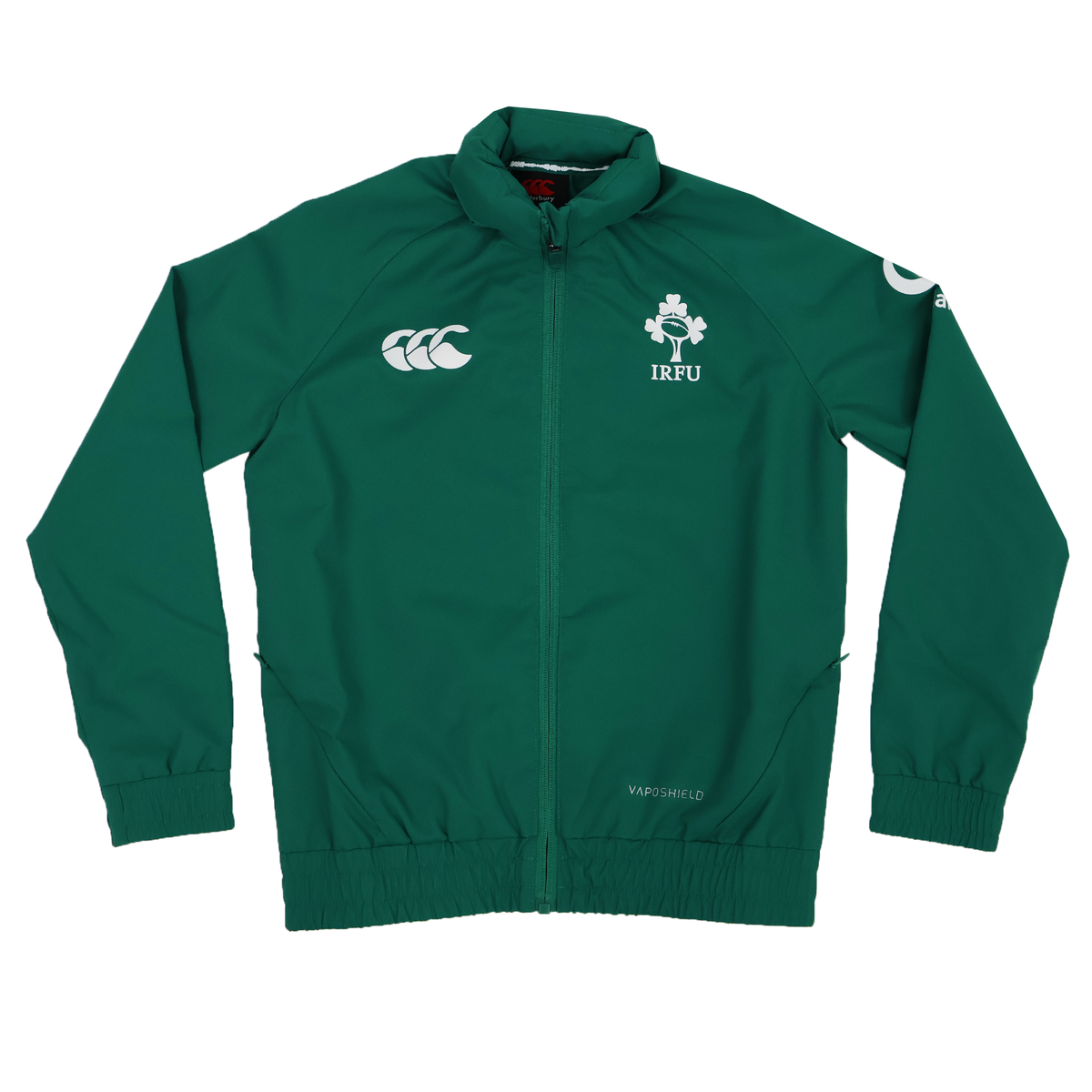 Youth Ireland 25/26 Anthem Track Jacket by Canterbury—features a front zipper, long sleeves, and white logos on the chest and sleeve. Ideal for young Ireland rugby fans.