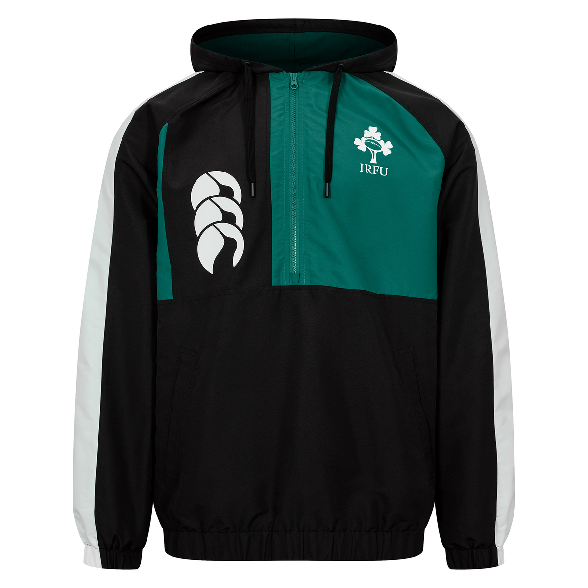 The Canterbury Ireland 25/26 Legends 1/4 Zip Jacket features black, green, and white colors, a hood, half-zip front, and dual chest logos.