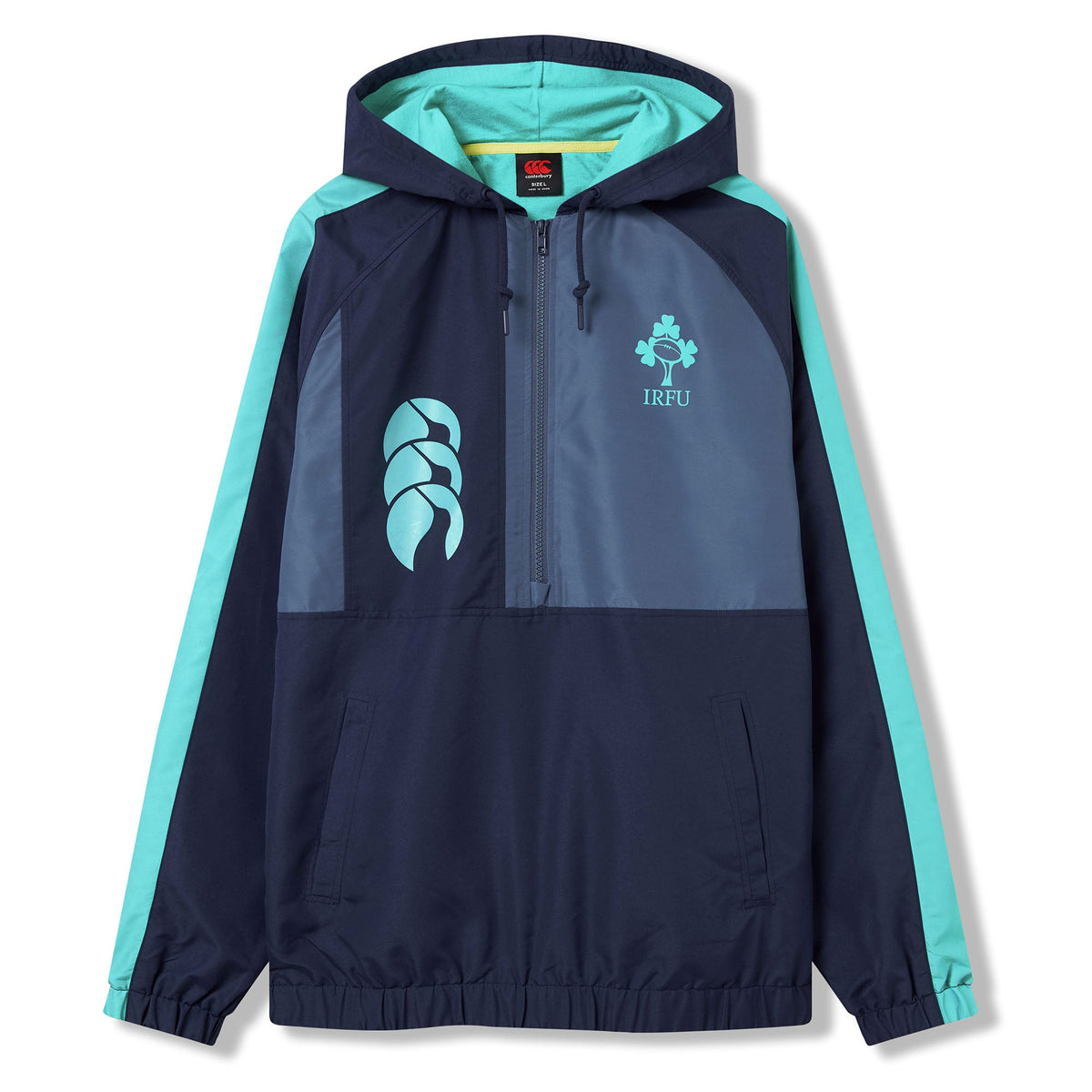 Show your support with the Ireland 26 Legends 1/4 Zip Jacket by Canterbury—featuring a navy blue and teal design, front pocket, zip neck, and official IRFU and Canterbury logos on the chest. This authentic rugby jacket is ideal for dedicated fans.