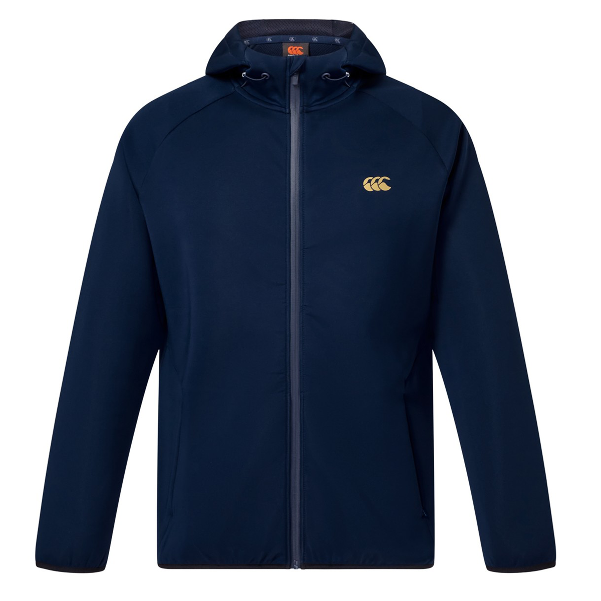 The Canterbury Everest Full Zip Hoodie in navy blue features a front zipper and a small yellow logo on the left chest, making it ideal as a performance training hoodie.