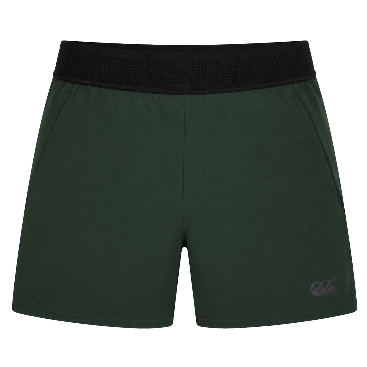 Canterbury Everest Woven Short 5" in dark green features a black elastic waistband, side pockets, and four-way stretch fabric for comfort and mobility, shown on a plain white background.