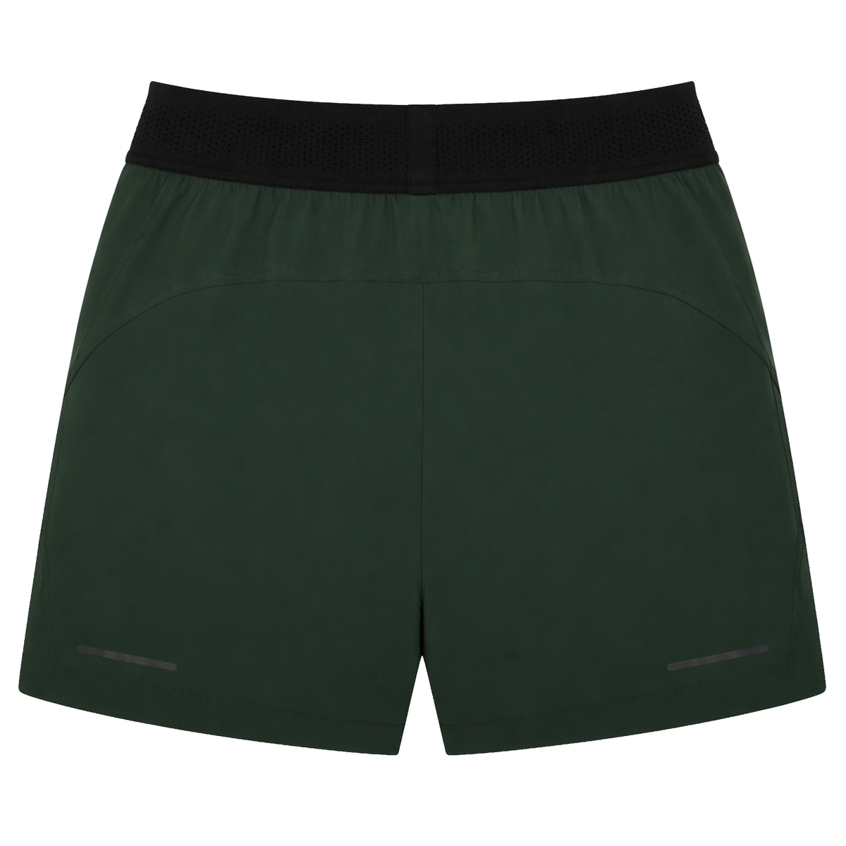 The Canterbury Everest Woven Short 5" in dark green has a black elastic waistband, subtle seam details, and two small reflective strips near the hem. Made from four-way stretch fabric, it's designed for optimal comfort during performance training.