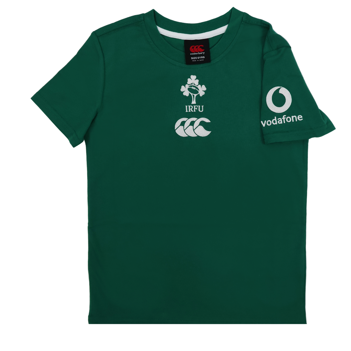 The Youth Ireland 25/26 Cotton Team T-Shirt by Canterbury is a green short-sleeve tee featuring white IRFU, Canterbury, and Vodafone logos on the chest and right sleeve.