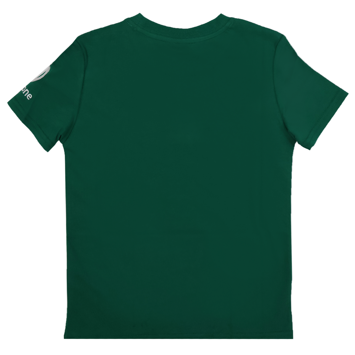The Youth Ireland 25/26 Cotton Team T-Shirt by Canterbury is a plain dark green tee, seen from the back, featuring a small circular Canterbury logo and text on the left sleeve. Made from comfortable cotton fabric.
