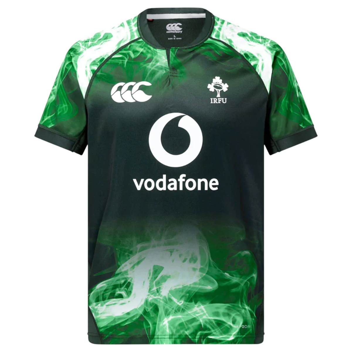 The Limited Edition Ireland "Chicago" Pro Pre-Game Jersey by Canterbury features VapoDri technology, a bold green smoke pattern on the lower half and shoulders, plus white Canterbury, Vodafone, and IRFU logos.
