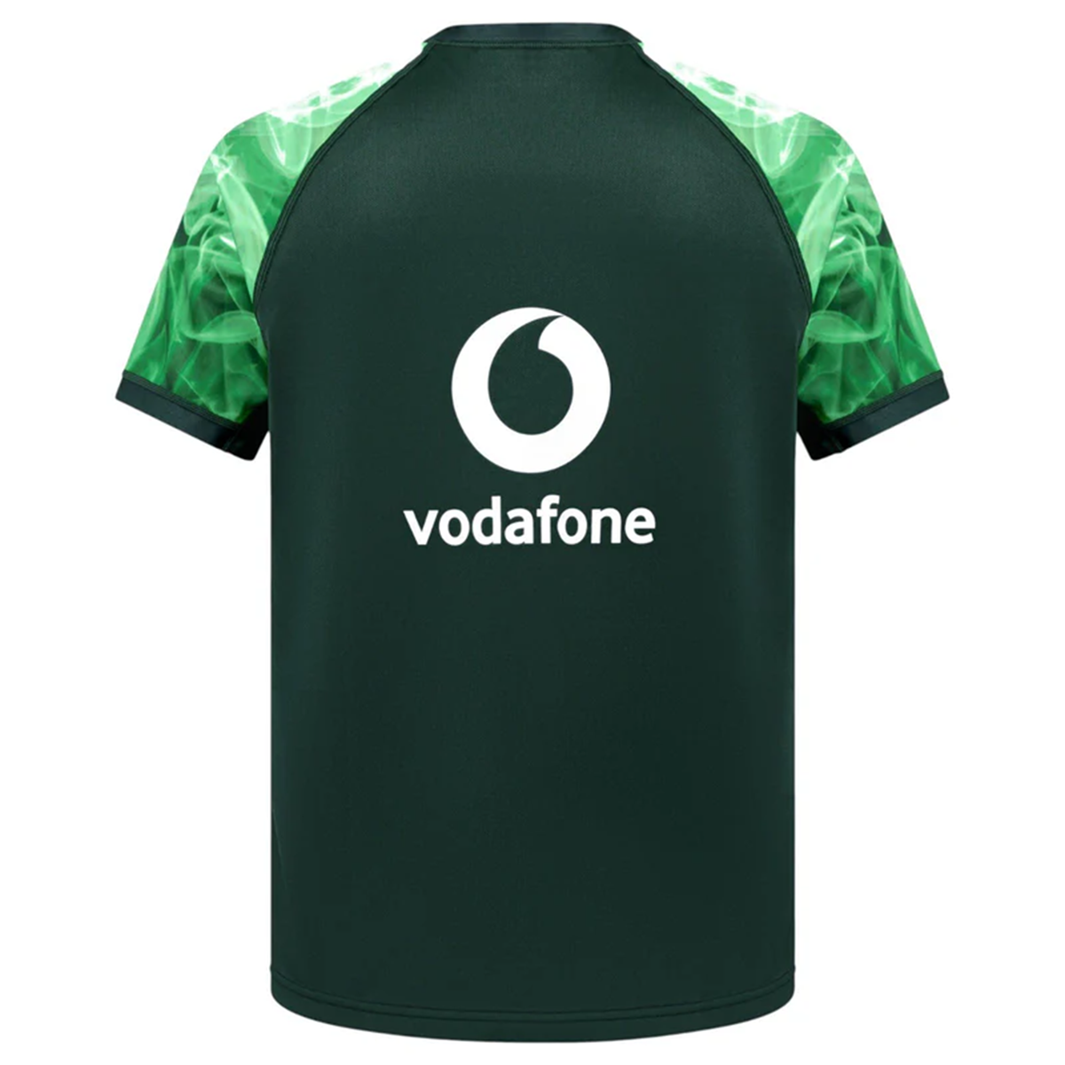 Back view of the Limited Edition Ireland "Chicago" Pro Pre-Game Jersey by Canterbury in dark green, featuring patterned shoulders, VapoDri technology for comfort, and a white "vodafone" logo centered on the back.