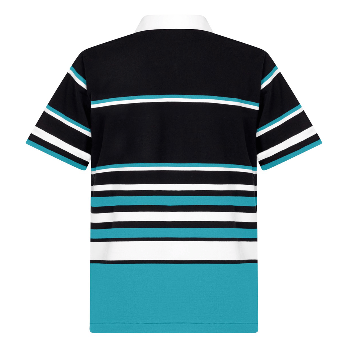 The Canterbury Uglies Short Sleeve Classic Rugby Jersey by Canterbury features bold horizontal stripes in black, white, turquoise, and light blue, inspired by the iconic Canterbury Rugby Jersey and made from heavyweight cotton rugby fabric. Back view shown.