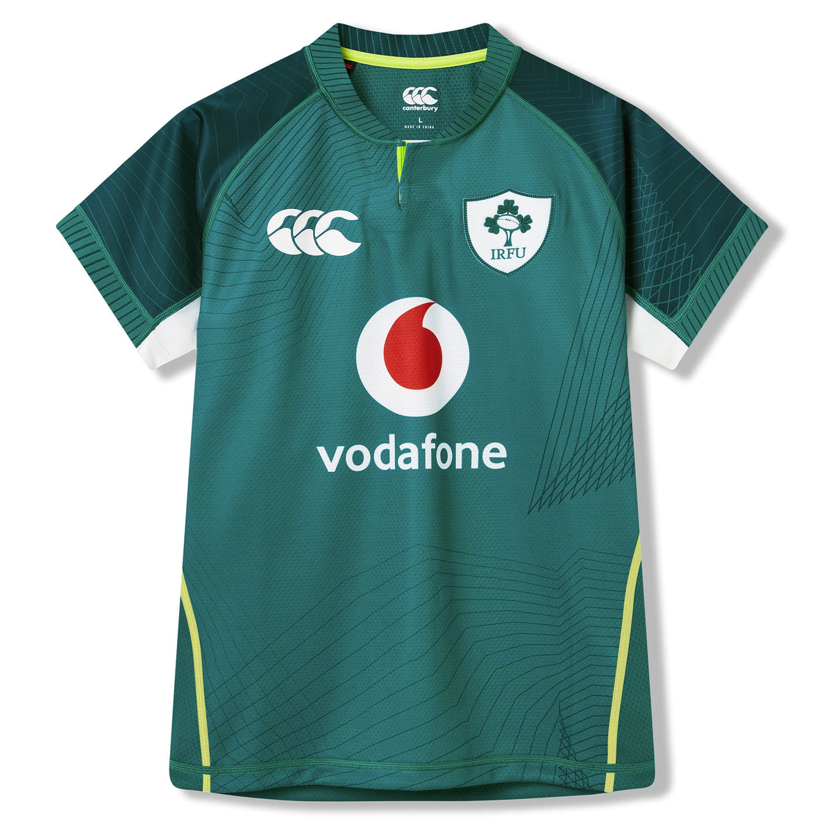 Ireland 26 Home Test Jersey by Canterbury—an authentic green short-sleeve rugby jersey featuring the Ireland badge, Vodafone sponsor logo, and distinctive white and yellow accents on the sleeves and sides.