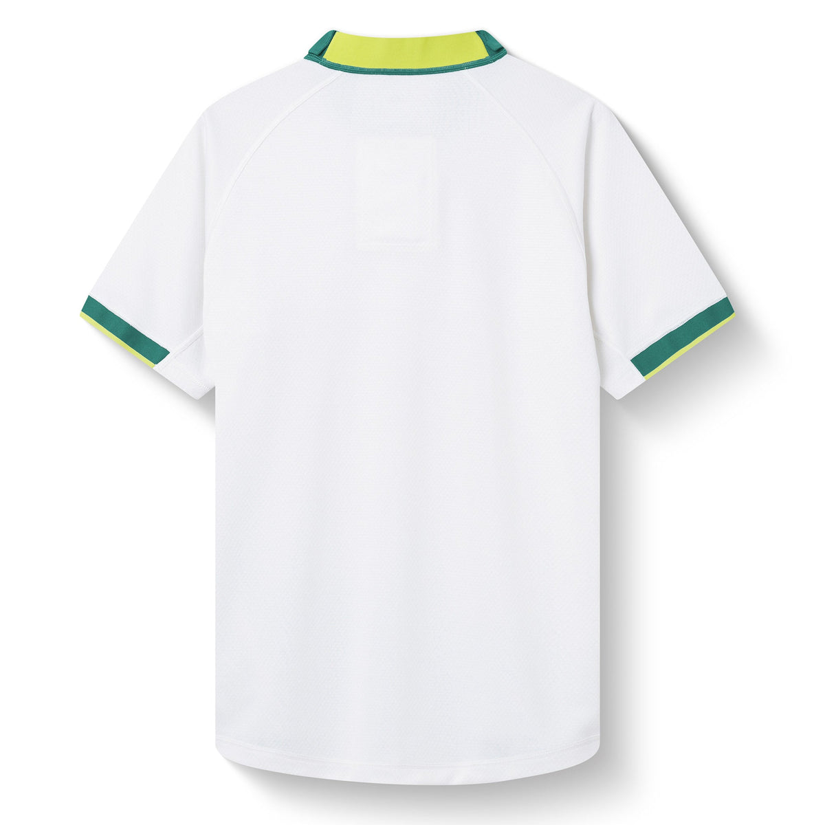 Shown from the back against a white background, the Ireland 26 Alternate Test Jersey by Canterbury is a white short-sleeved shirt featuring green and yellow accents on the collar and sleeve cuffs. Combining style and comfort, this jersey exemplifies Canterbury’s commitment to quality as a true Performance Rugby Jersey.