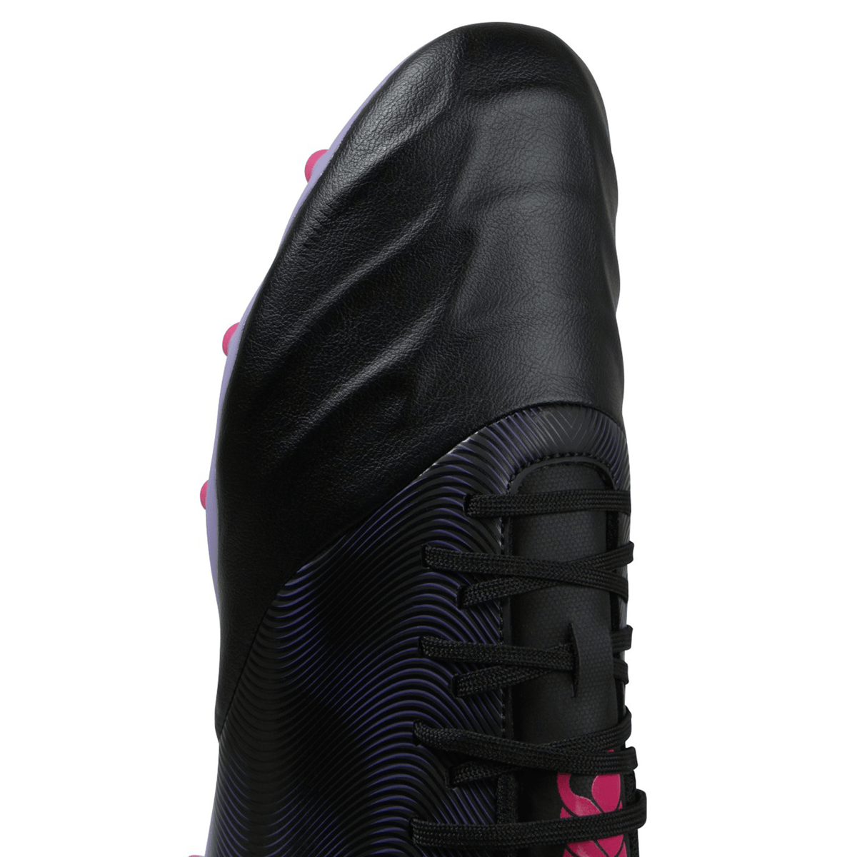 Side view of a Canterbury Phoenix Genesis Team FG - Black/Verbena sports shoe with Vaposkin and pink accents.