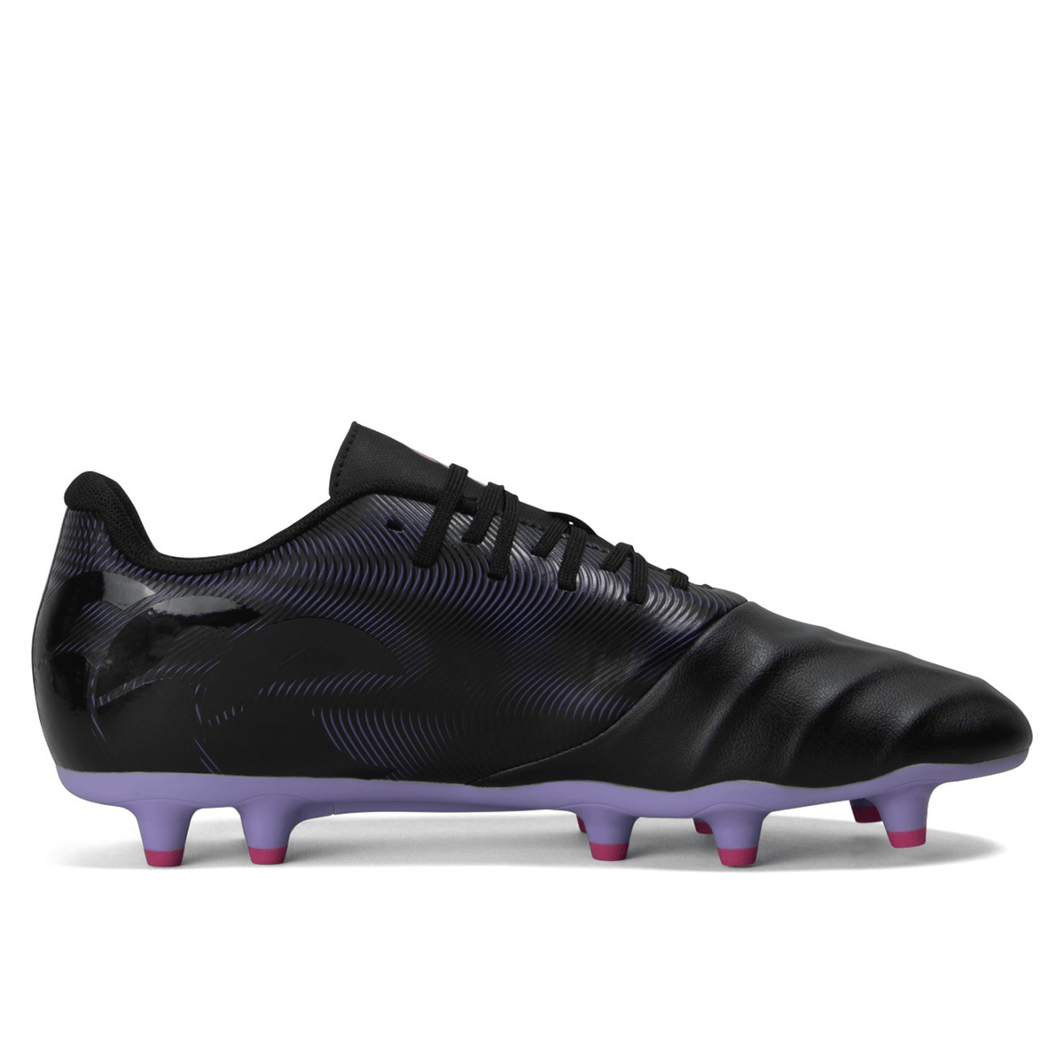 A Canterbury Phoenix Genesis Team FG - Black/Verbena football shoe with purple soles and a synthetic leather forefoot.