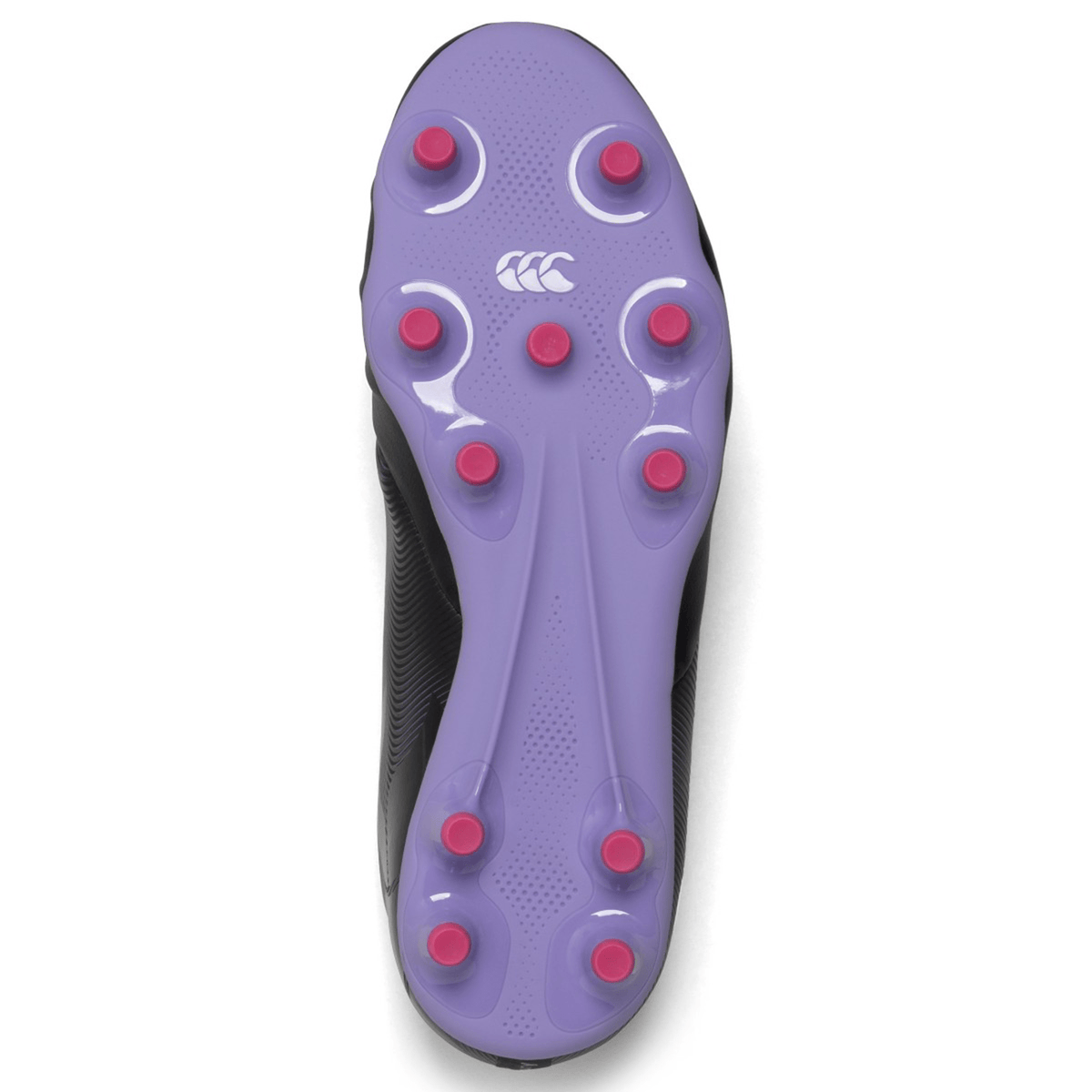 Sole of a Canterbury Phoenix Genesis Team FG - Black/Verbena with purple base and red studs.