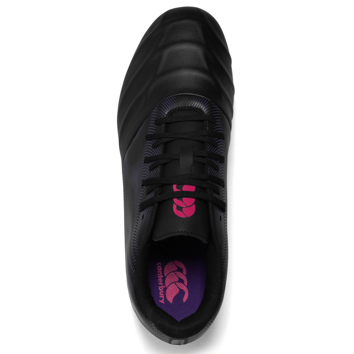 Top view of a single black Canterbury Phoenix Genesis Team FG athletic shoe with purple accents.