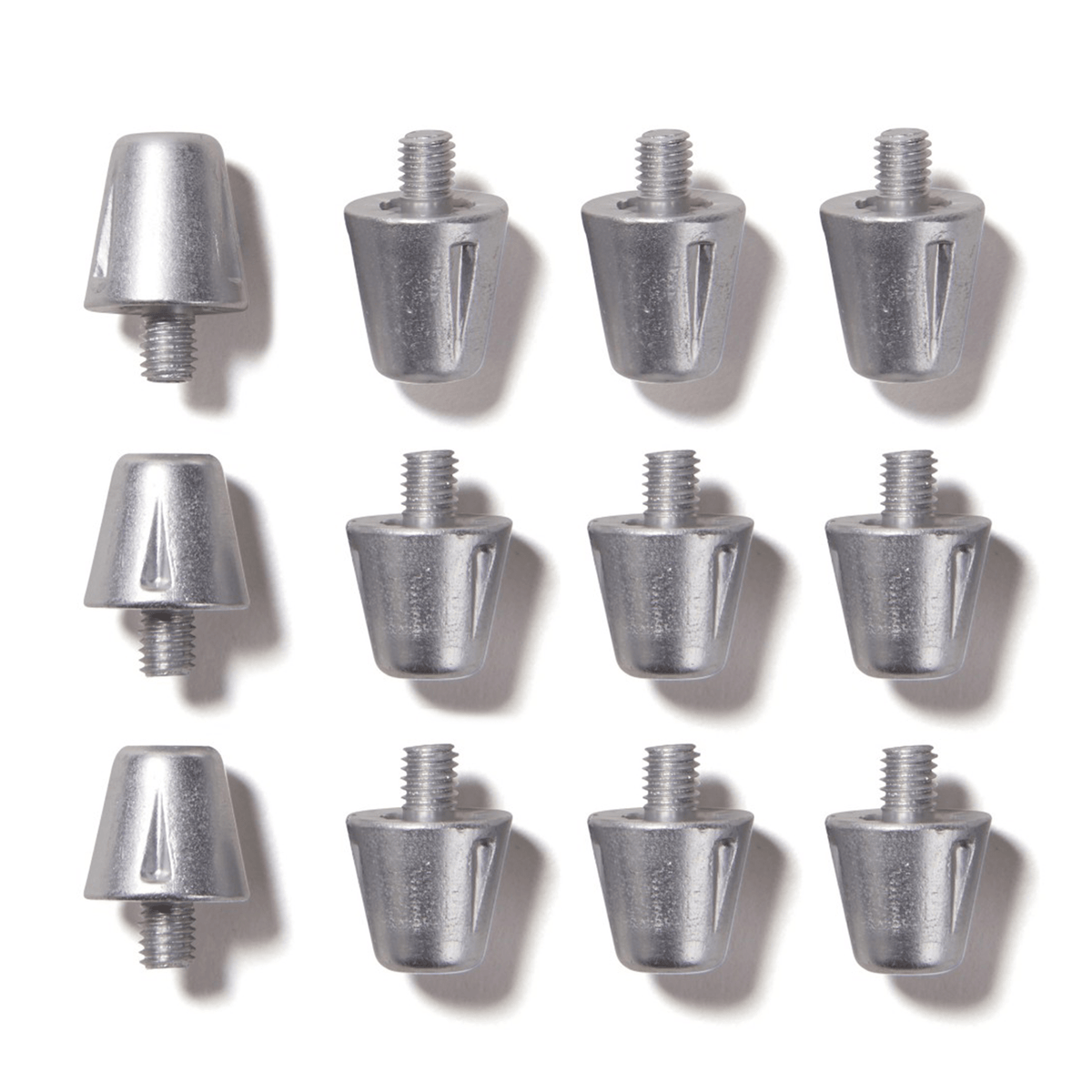A set of twelve Canterbury Short Performance Studs by Canterbury, resembling aluminium screw-on caps, arranged in a grid pattern on a white background.