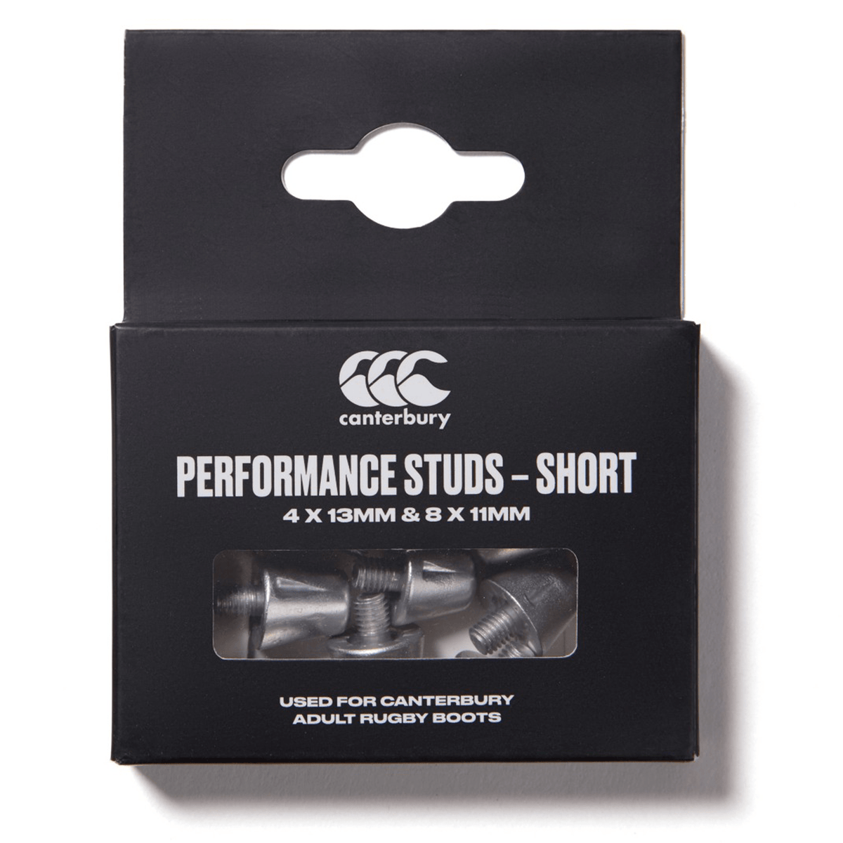 Black box containing Canterbury Short Performance Studs for adult soft ground rugby boots, with a front window displaying the metal stud replacements. Includes 4 pieces of 13mm and 8 pieces of 11mm studs.