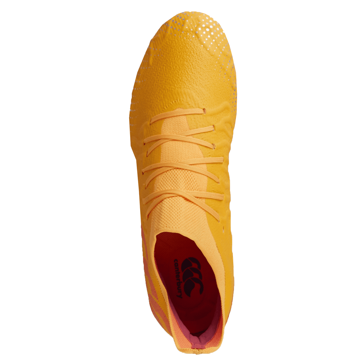A top view of the Canterbury Speed Infinite Elite SG - Amber Yellow/Orange Crush/Mars Dust rugby boot, featuring a red inner sole and VAPOSKIN membrane, showcases its laced design and ultra-lightweight construction.