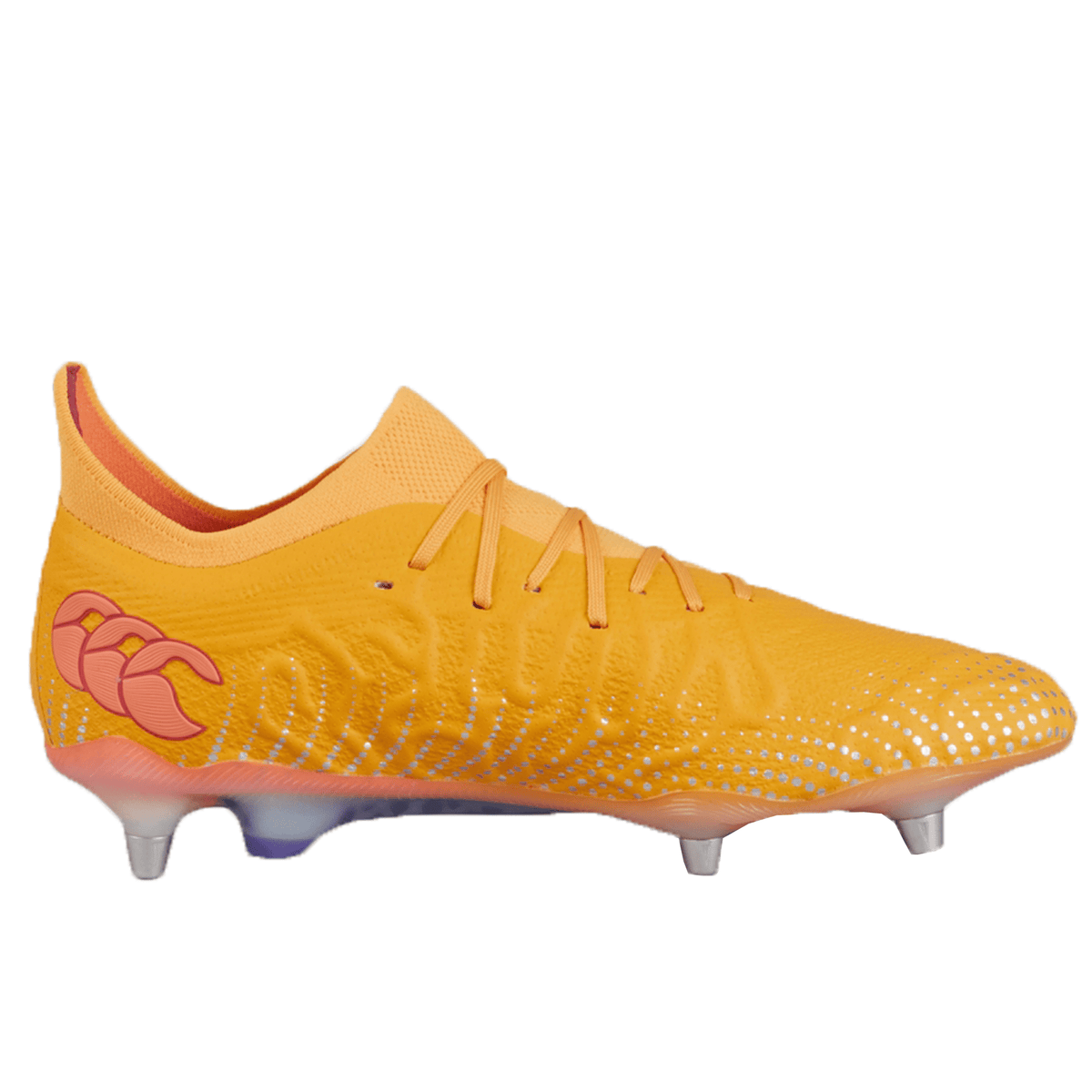 Presenting the Canterbury Speed Infinite Elite SG in Amber Yellow/Orange Crush/Mars Dust - an ultra-lightweight rugby boot featuring an intricate patterned design, laces, and metal studs. Its heel flaunts a gradient pink and orange logo, while the cleat is meticulously crafted with a VAPOSKIN membrane for enhanced performance.