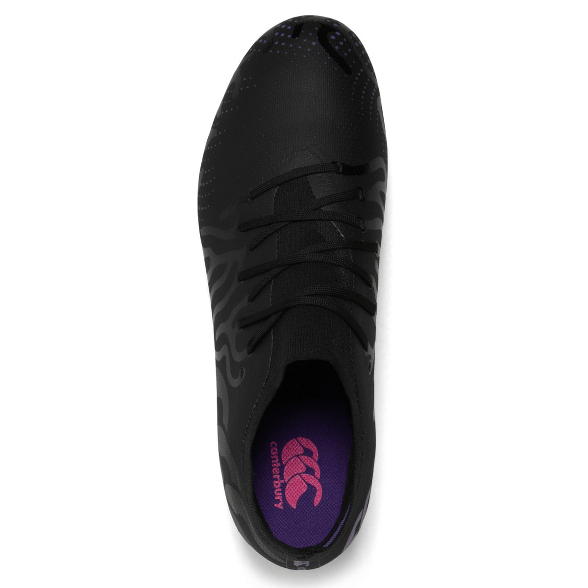 Top view of a black patterned Canterbury Speed Infinite Pro SG sports shoe with purple insole and laces, designed for kicking accuracy.