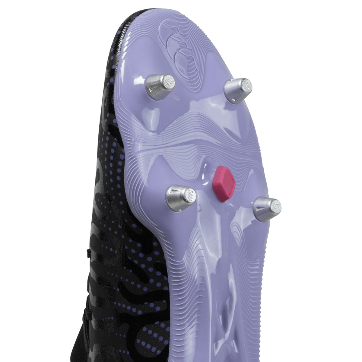 Close-up of a soccer cleat sole with metal studs, showcasing the lightweight boot design of the Canterbury Speed Infinite Pro SG - Black/Verbena.