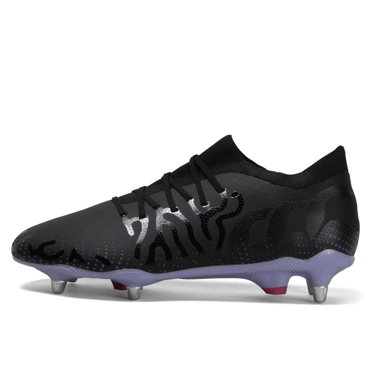 A single Canterbury Speed Infinite Pro SG black/verbena soccer cleat with white laces and a purple-to-black gradient sole, designed as a lightweight boot to enhance kicking accuracy.