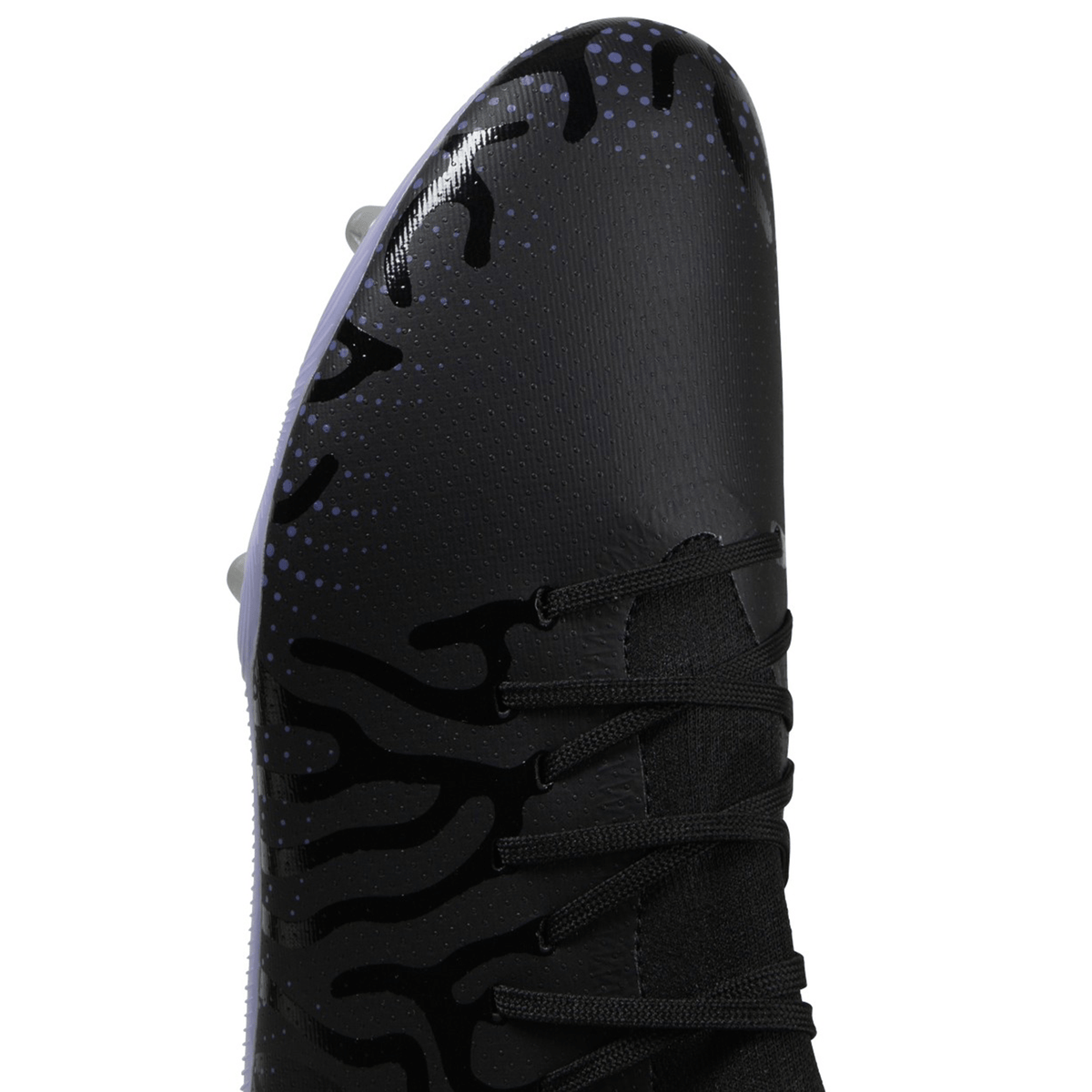 Close-up of a Canterbury Speed Infinite Pro SG - Black/Verbena boot with a dotted pattern and black laces.