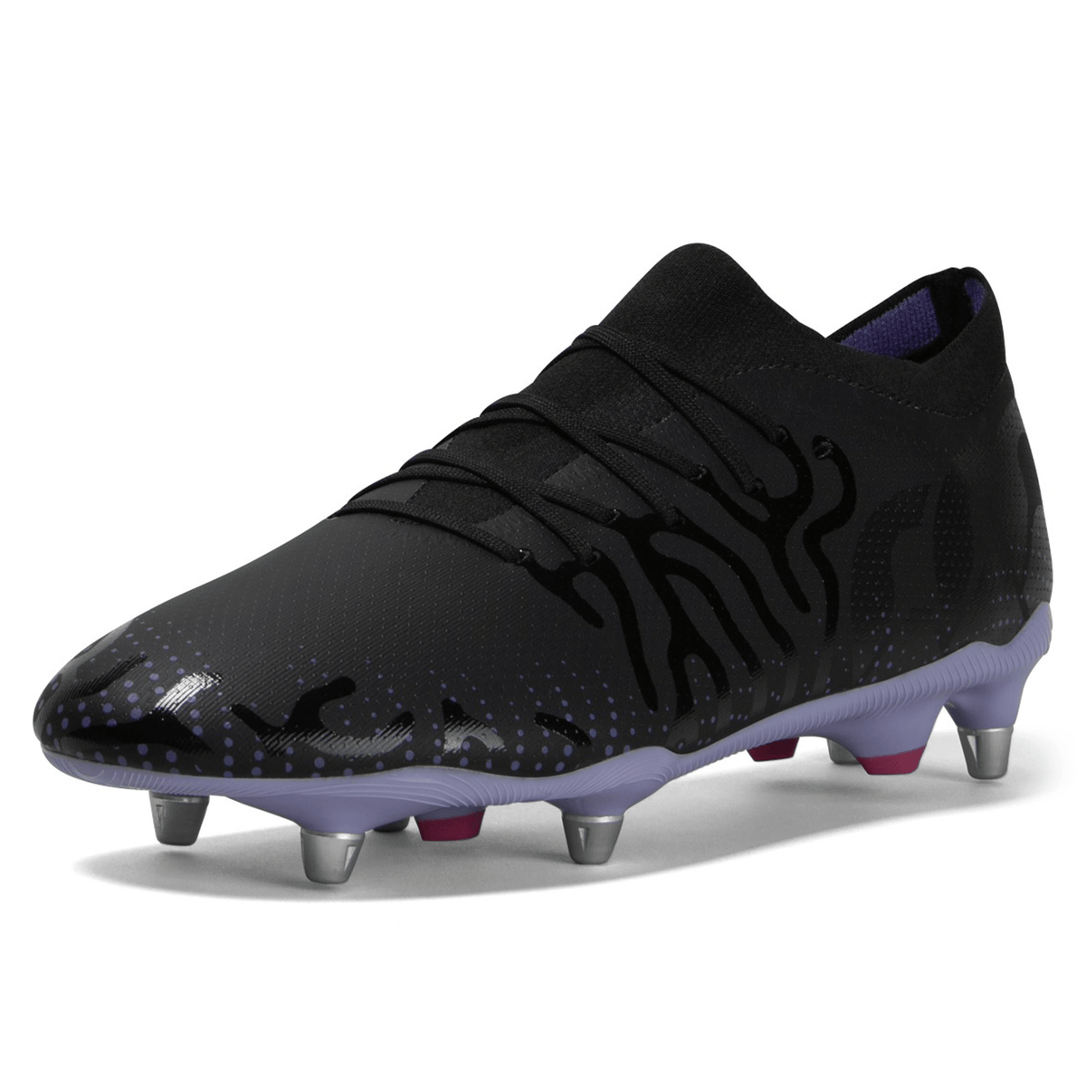 A Canterbury Speed Infinite Pro SG black soccer cleat with a patterned design and purple accents, designed for kicking accuracy, on a white background.