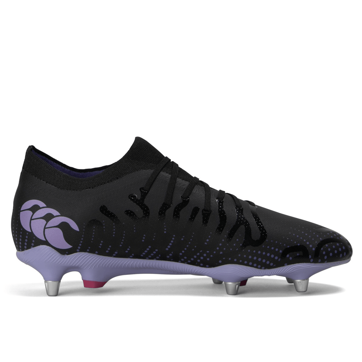 A single black and purple Canterbury Speed Infinite Pro SG soccer cleat with a lightweight boot, mid-ankle cut design, and studs on the sole.