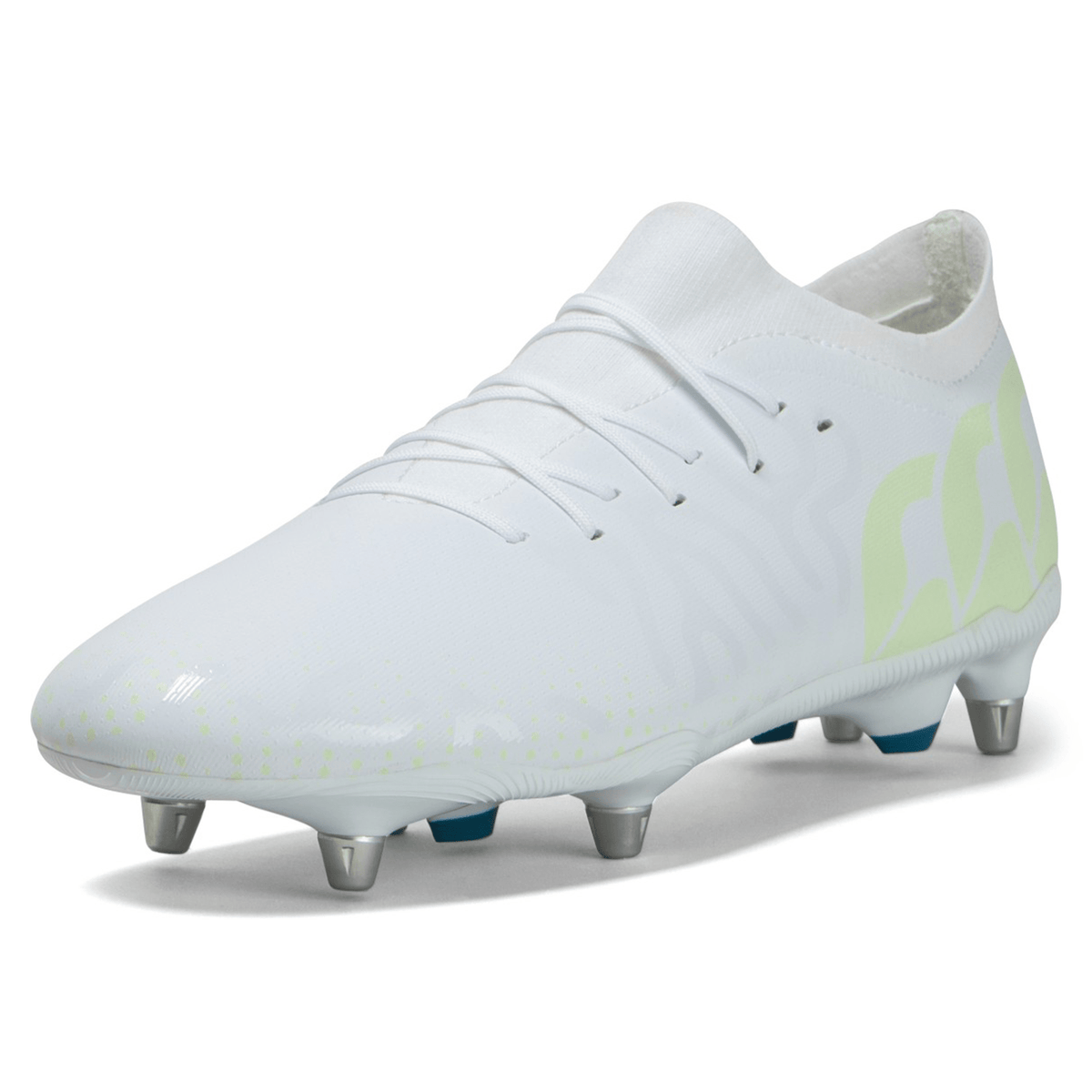 Canterbury Speed Infinite Pro SG - White/Luminous soccer cleat with a green logo and blue studs on a white background.