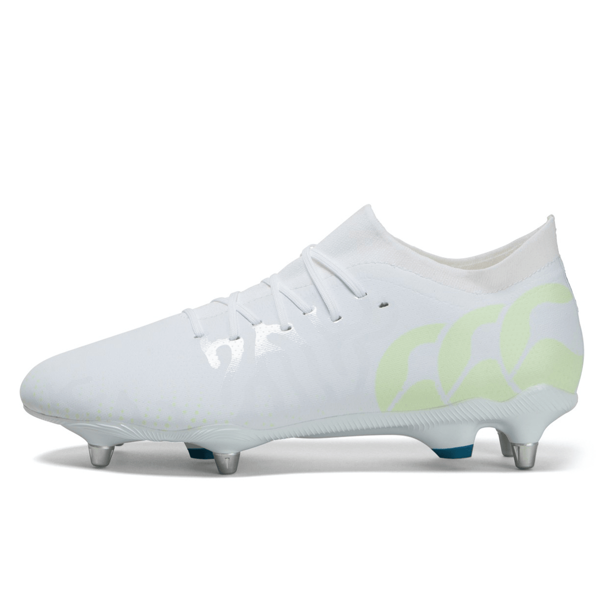 White Canterbury Speed Infinite Pro SG soccer cleat with light green accents on a white background.
