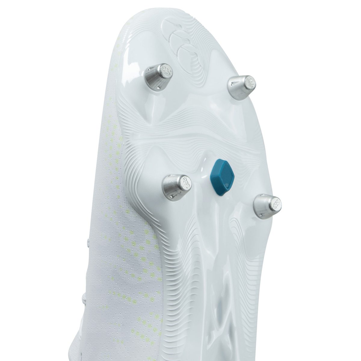 Sole of a Canterbury Speed Infinite Pro SG boot designed for soft-ground, featuring metallic studs and a blue pivot point.