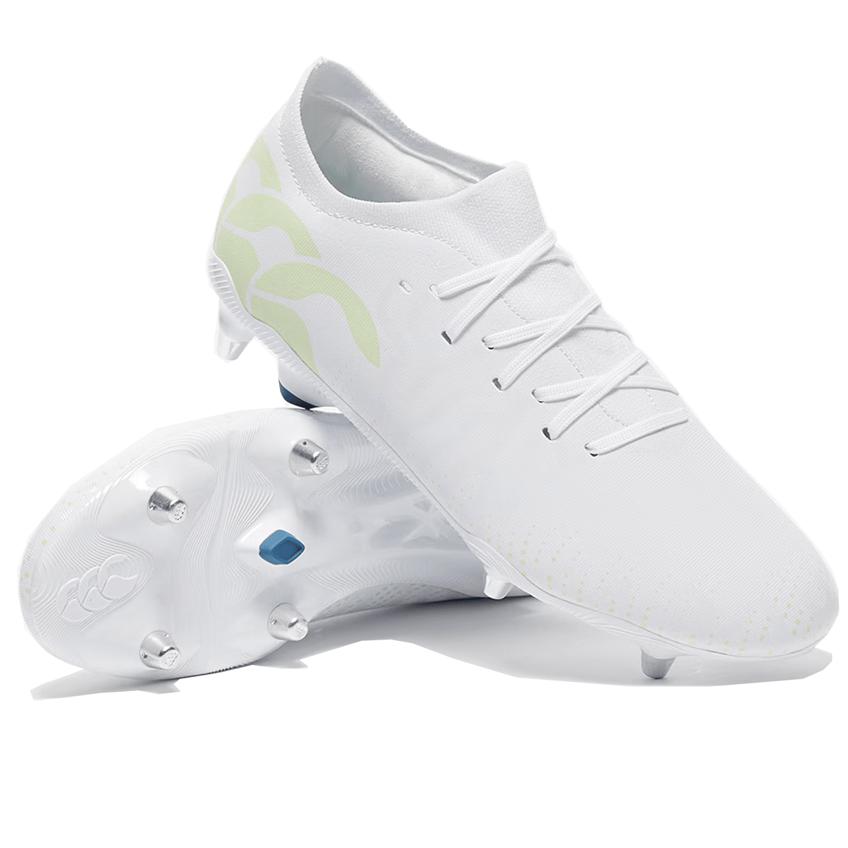 A white Canterbury Speed Infinite Pro SG soccer cleat with green accents on an isolated background.