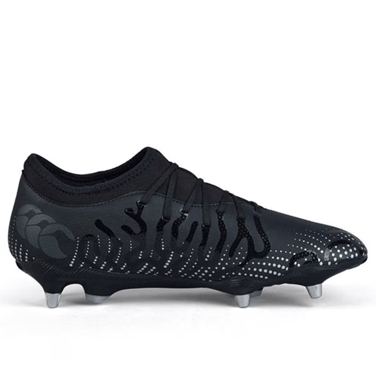 The Canterbury Speed Infinite Team SG - Black/Silver Metallic rugby boots from Canterbury are designed for speed and agility, featuring a sleek design with subtle side patterns, making them ideal for soft ground conditions.