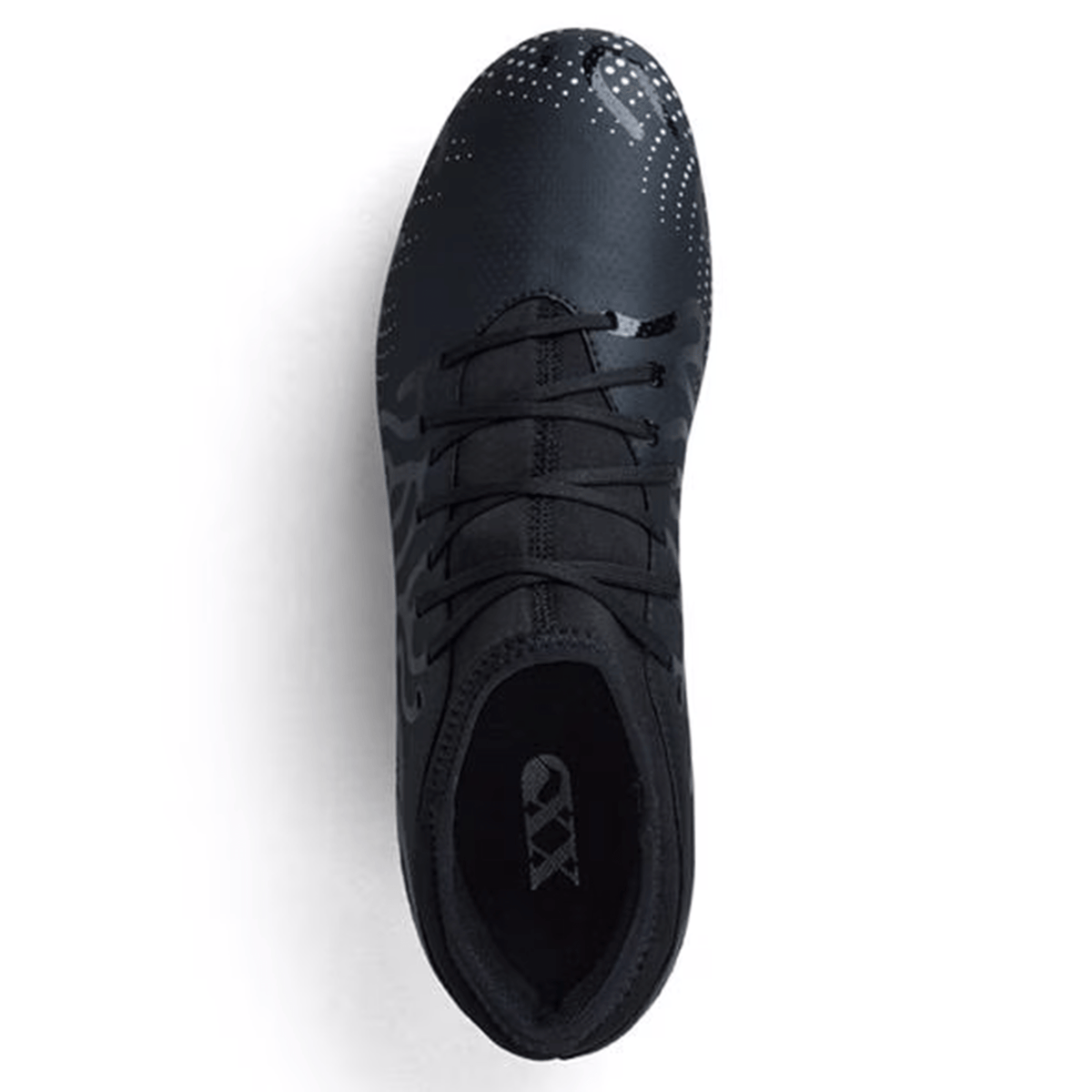 Top view of Canterbury Speed Infinite Team SG rugby boots in black with black laces and a silver metallic finish, featuring a textured and patterned design on the upper part, ideal for speed and agility on soft ground.