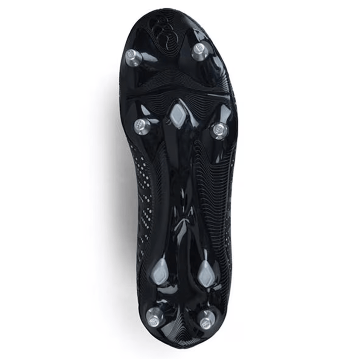 The Canterbury Speed Infinite Team SG - Black/Silver Metallic rugby boots feature a black sole with six symmetrically arranged metallic cleats, designed for speed and agility on soft ground.