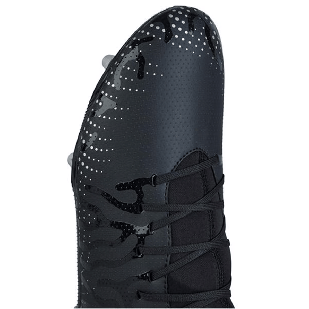 A close-up of the Canterbury Speed Infinite Team SG - Black/Silver Metallic soccer cleat, reminiscent of sleek rugby boots, featuring a textured surface and intricate dotted design near the toe area. The cleat has black laces, optimized for speed and agility on soft ground.