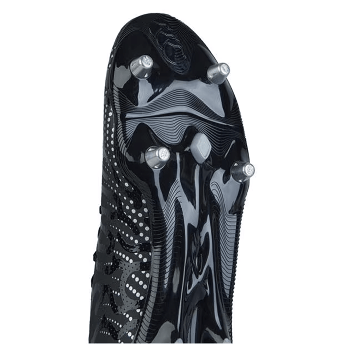 Close-up of the underside of the Canterbury Speed Infinite Team SG in Black/Silver Metallic, a black rugby boot designed for soft ground, featuring four metal studs and a stylish, wavy pattern that enhances speed and agility.
