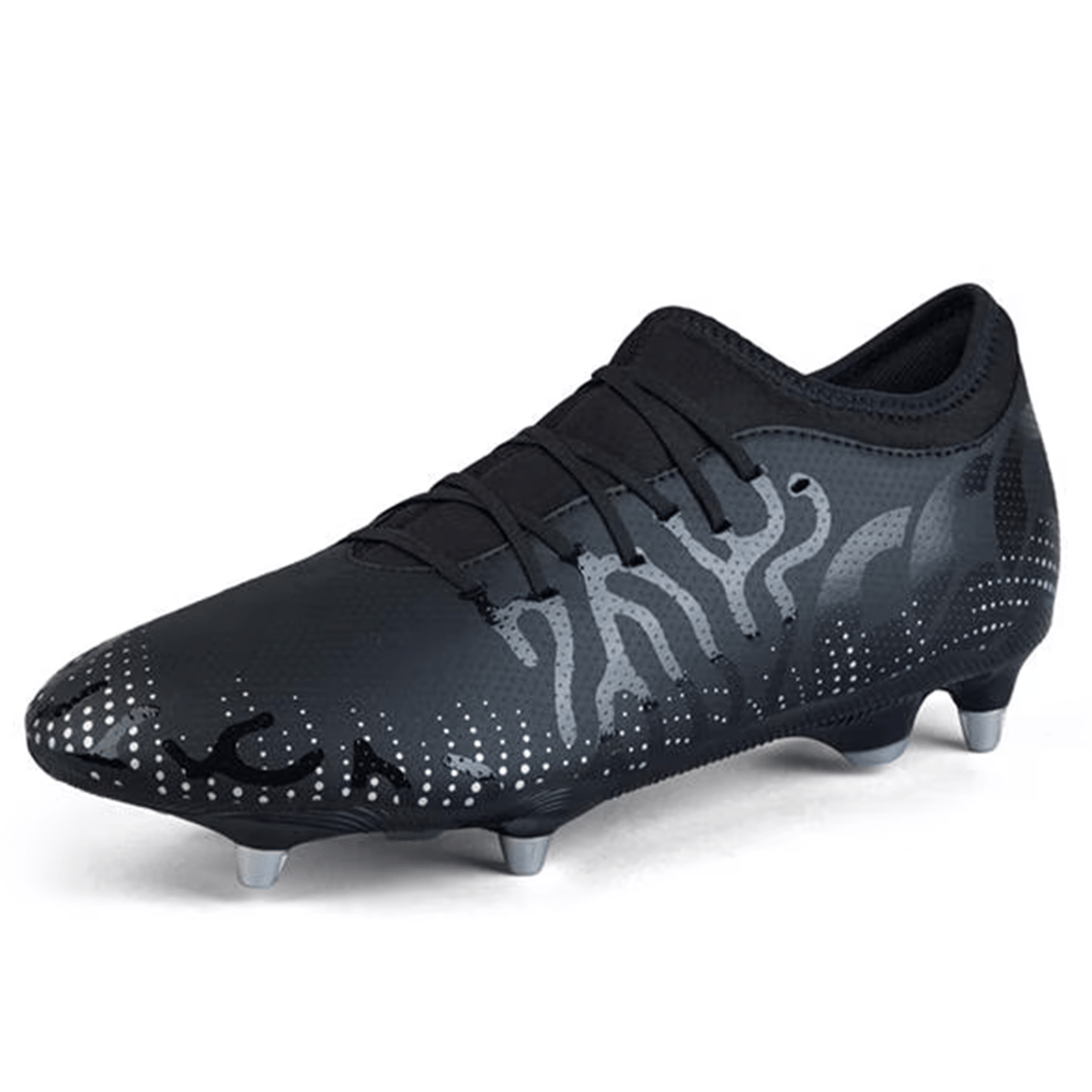 Introducing the Canterbury Speed Infinite Team SG - Black/Silver Metallic: a premium black soccer cleat with silver accents and strategically placed studs on the sole, engineered for exceptional traction, speed, and agility on the field.