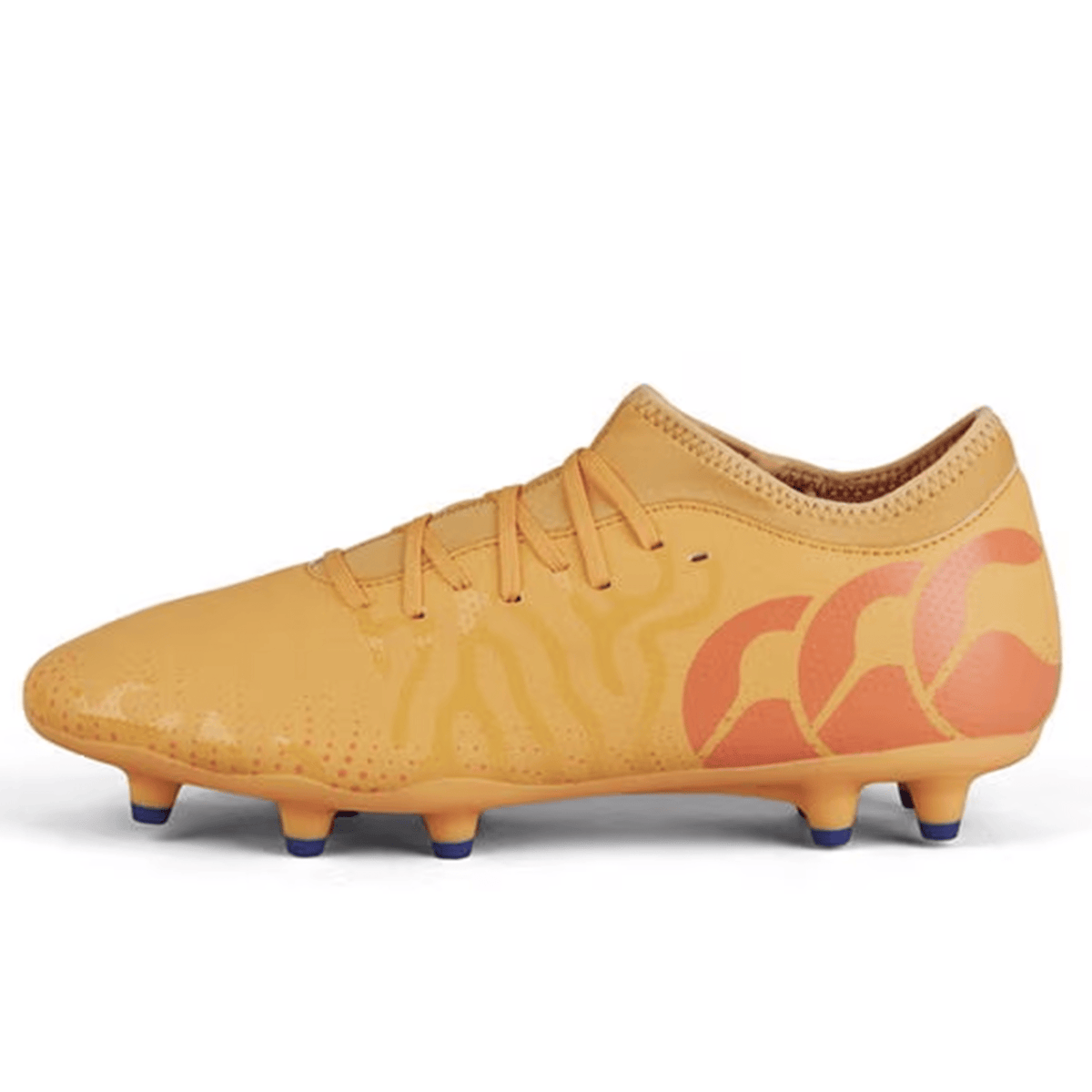 The Canterbury Speed Infinite Team FG rugby boots in Amber Yellow/Orange Crush/Mars Dust feature an orange soccer cleat with a wave and spike pattern on the side, a lace-up design, and a studded sole, embodying lightweight construction.