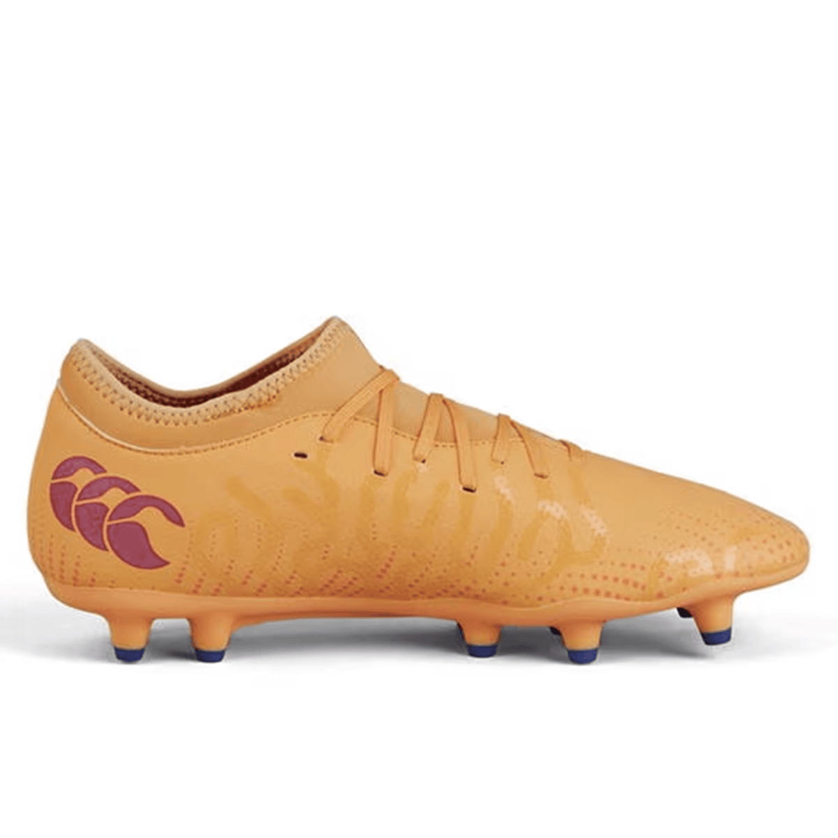 The Canterbury Speed Infinite Team FG features an eye-catching Amber Yellow and Orange Crush colorway with Mars Dust detailing. A logo adorns the side, while the blue-tipped studs on the sole enhance performance. The lightweight construction of these soccer cleats ensures optimal performance on the field.