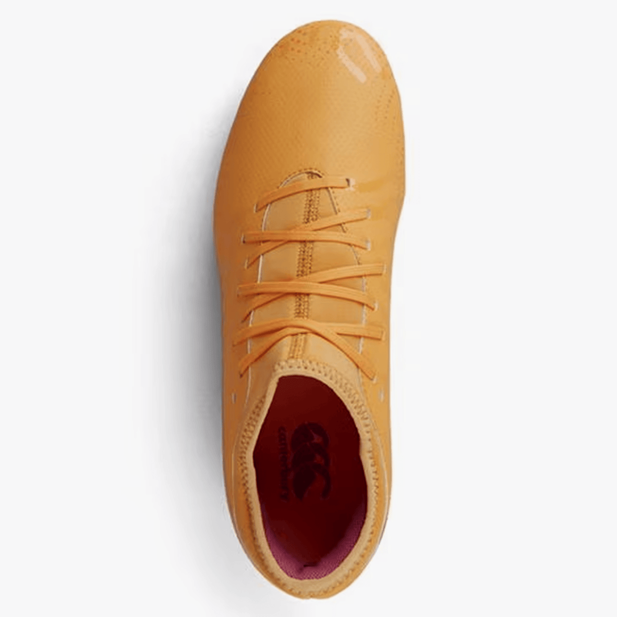 Top view of an amber yellow/orange crush sports shoe with laces and a rounded toe, featuring the Canterbury logo on the insole and lightweight construction ideal for those seeking Speed Infinite Team FG performance.