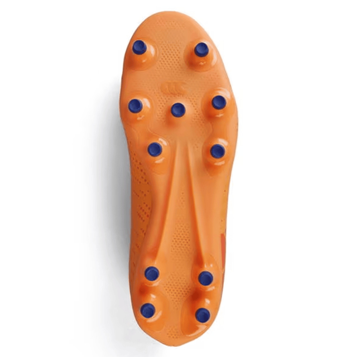 Bottom view of the Canterbury Speed Infinite Team FG soccer cleat sole in Amber Yellow/Orange Crush/Mars Dust, featuring blue studs and highlighting its lightweight construction.