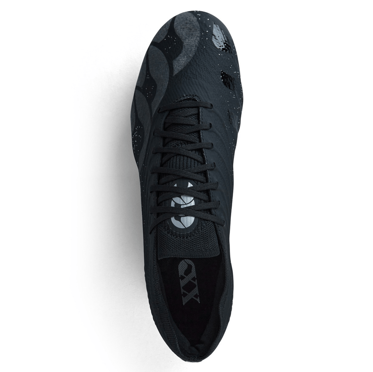 Top view of the Canterbury Stampede Groundbreak Elite SG in Black/Silver Metallic, a black sports shoe with a textured design and laces, featuring the WRS M5 Stud Kit for enhanced performance.