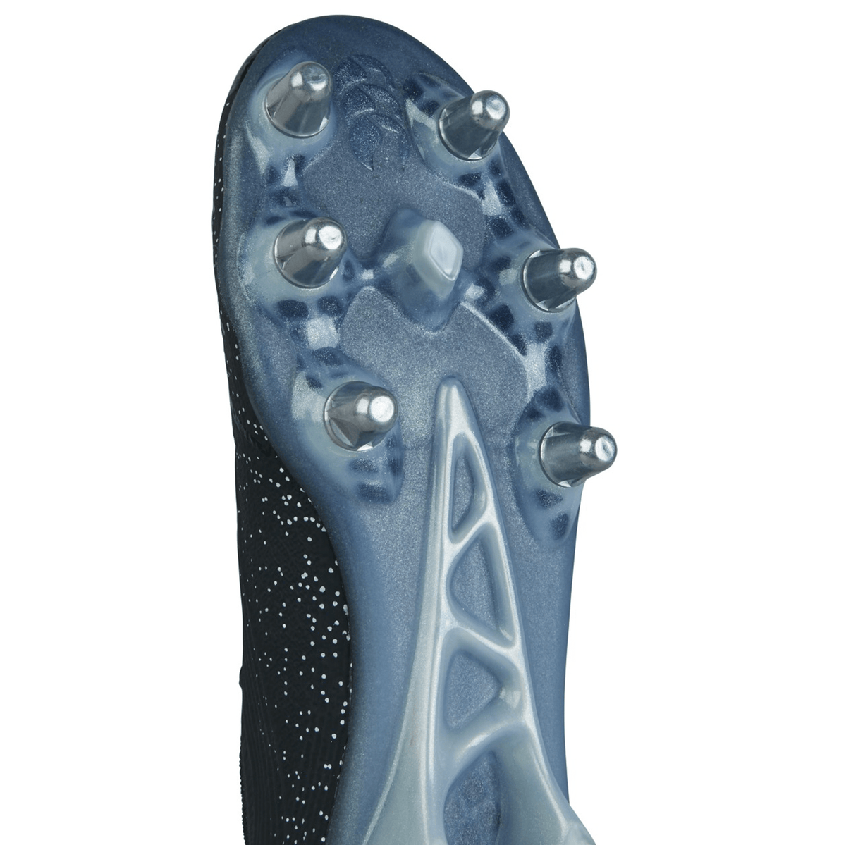 Close-up view of the sole of a Canterbury Stampede Groundbreak Elite SG - Black/Silver Metallic Cleat, featuring metal studs for traction and a black upper with silver speckles.