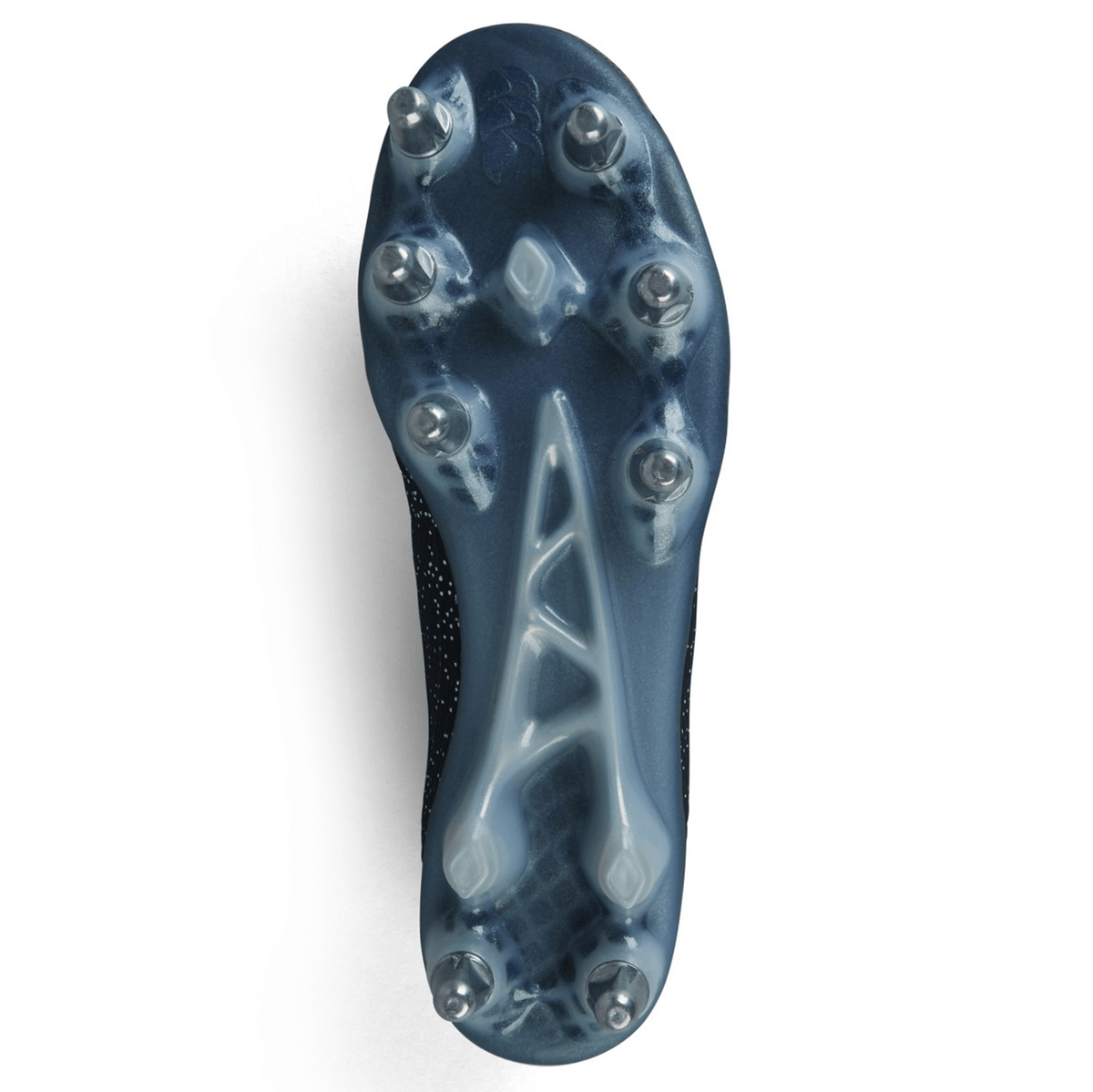 View of an athletic shoe's sole, featuring multiple metal spikes arranged in a specific pattern. This Canterbury Stampede Groundbreak Elite SG - Black/Silver Metallic Cleat is equipped with the advanced WRS M5 Stud Kit for optimal performance.